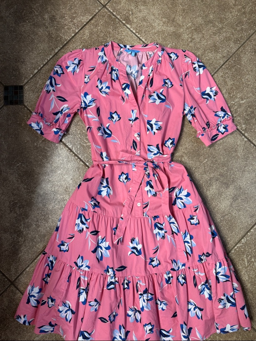 Pink Salmon Floral Tiered Button-Front Dress with Self-Tie Waist